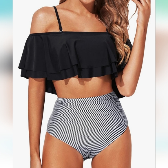 EDEL QUAL PLUS SIZE 2 Piece Ruffle High Waisted Tummy Control Bikini - Picture 1 of 5